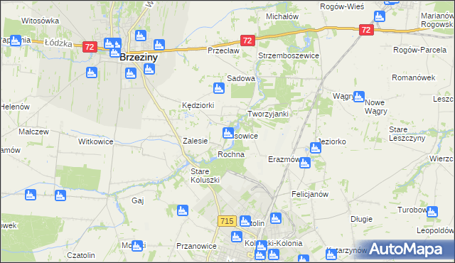 mapa Lisowice gmina Koluszki, Lisowice gmina Koluszki na mapie Targeo