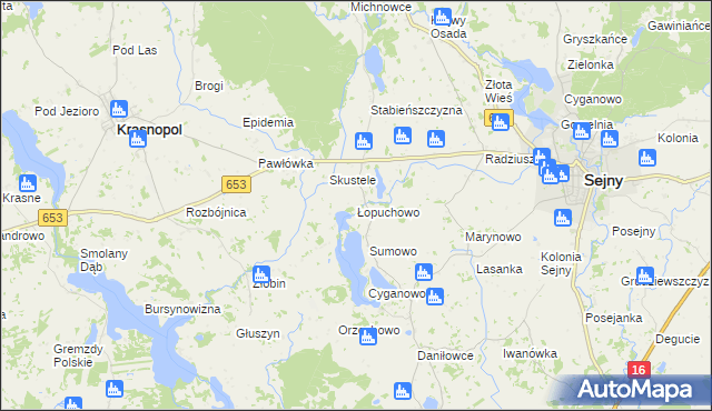 mapa Łopuchowo gmina Krasnopol, Łopuchowo gmina Krasnopol na mapie Targeo