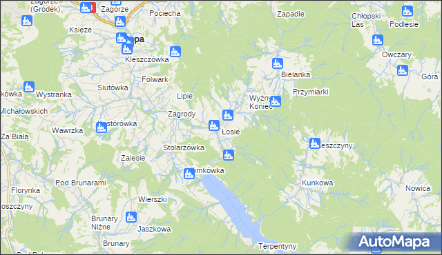 mapa Łosie gmina Ropa, Łosie gmina Ropa na mapie Targeo