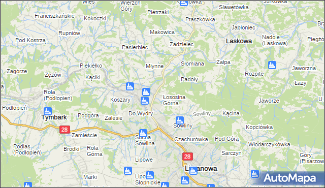 mapa Łososina Górna, Łososina Górna na mapie Targeo