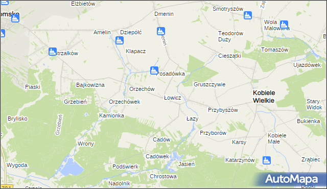 mapa Łowicz gmina Kobiele Wielkie, Łowicz gmina Kobiele Wielkie na mapie Targeo