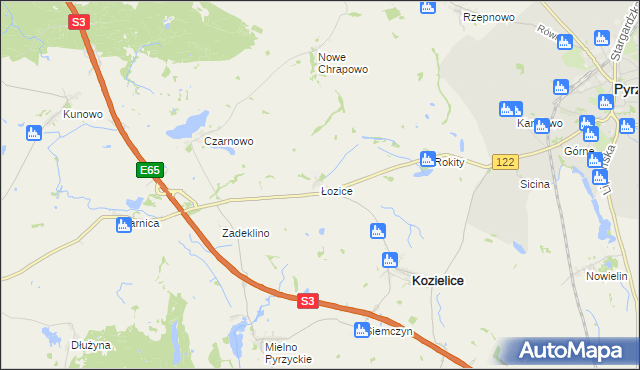 mapa Łozice gmina Kozielice, Łozice gmina Kozielice na mapie Targeo