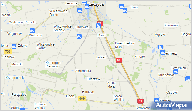 mapa Lubień gmina Łęczyca, Lubień gmina Łęczyca na mapie Targeo