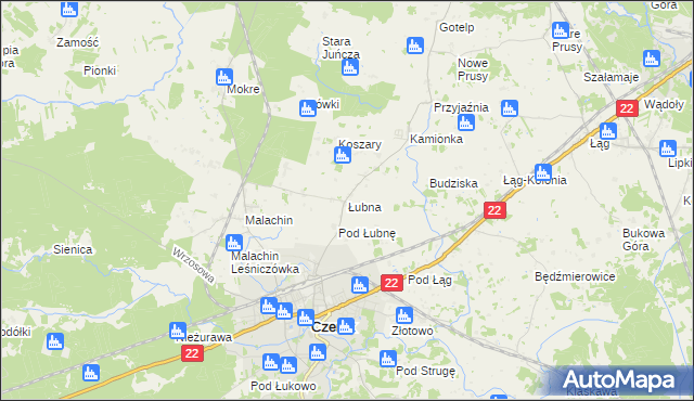 mapa Łubna gmina Czersk, Łubna gmina Czersk na mapie Targeo