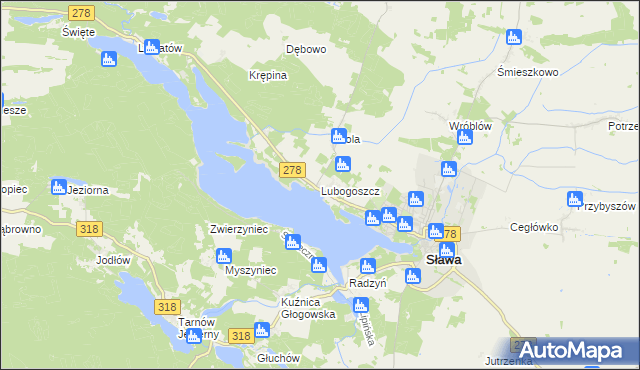 mapa Lubogoszcz gmina Sława, Lubogoszcz gmina Sława na mapie Targeo