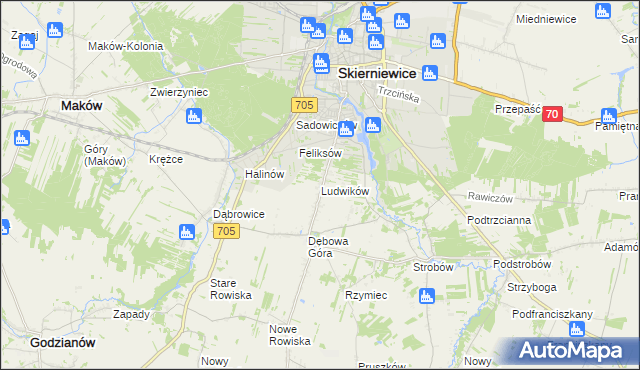 mapa Ludwików gmina Skierniewice, Ludwików gmina Skierniewice na mapie Targeo