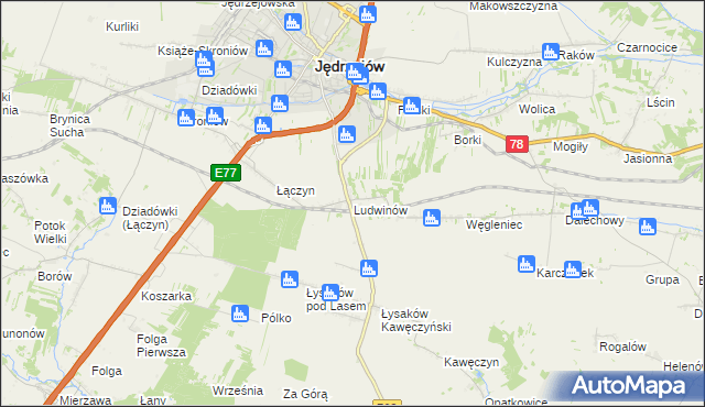 mapa Ludwinów gmina Jędrzejów, Ludwinów gmina Jędrzejów na mapie Targeo