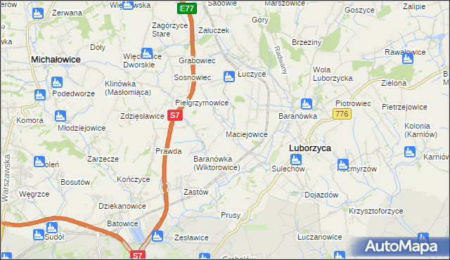 mapa Maciejowice gmina Kocmyrzów-Luborzyca, Maciejowice gmina Kocmyrzów-Luborzyca na mapie Targeo