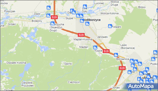 mapa Majdan gmina Modliborzyce, Majdan gmina Modliborzyce na mapie Targeo