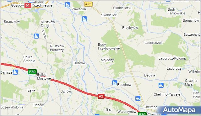 mapa Majdany gmina Dąbie, Majdany gmina Dąbie na mapie Targeo