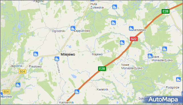 mapa Majewo gmina Milejewo, Majewo gmina Milejewo na mapie Targeo
