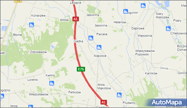 mapa Mąkolice gmina Głowno, Mąkolice gmina Głowno na mapie Targeo