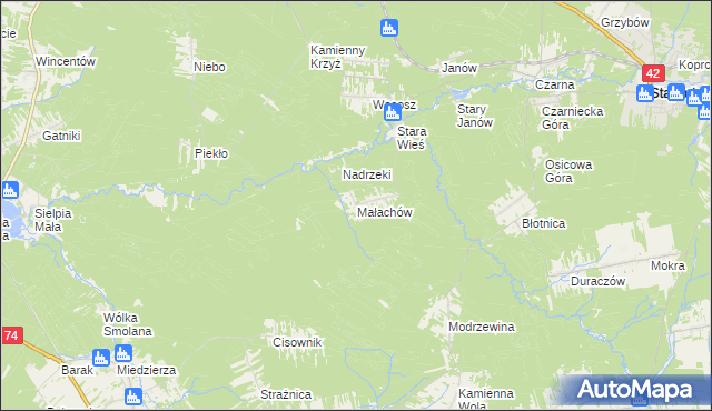 mapa Małachów gmina Końskie, Małachów gmina Końskie na mapie Targeo