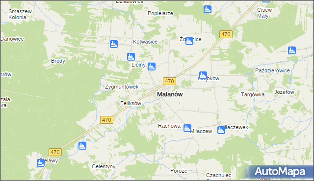 mapa Malanów powiat turecki, Malanów powiat turecki na mapie Targeo
