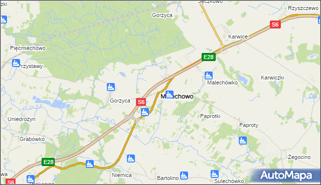 mapa Malechowo powiat sławieński, Malechowo powiat sławieński na mapie Targeo