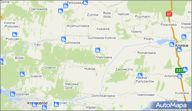 mapa Malinówka gmina Adamów, Malinówka gmina Adamów na mapie Targeo