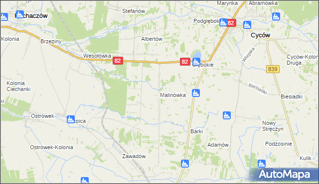 mapa Malinówka gmina Cyców, Malinówka gmina Cyców na mapie Targeo