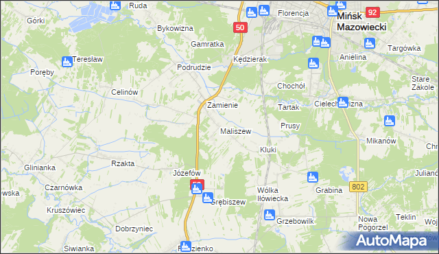 mapa Maliszew gmina Mińsk Mazowiecki, Maliszew gmina Mińsk Mazowiecki na mapie Targeo