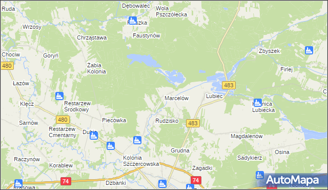 mapa Marcelów gmina Szczerców, Marcelów gmina Szczerców na mapie Targeo