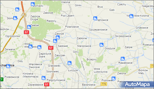 mapa Marszowice gmina Kocmyrzów-Luborzyca, Marszowice gmina Kocmyrzów-Luborzyca na mapie Targeo