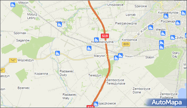 mapa Marynin gmina Konopnica, Marynin gmina Konopnica na mapie Targeo