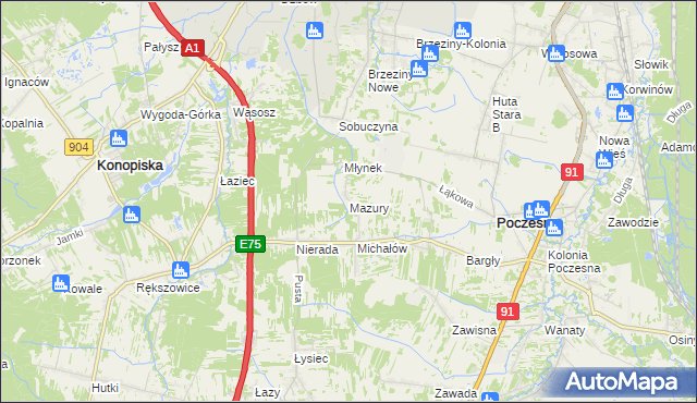 mapa Mazury gmina Poczesna, Mazury gmina Poczesna na mapie Targeo