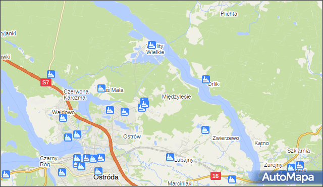 mapa Międzylesie gmina Ostróda, Międzylesie gmina Ostróda na mapie Targeo
