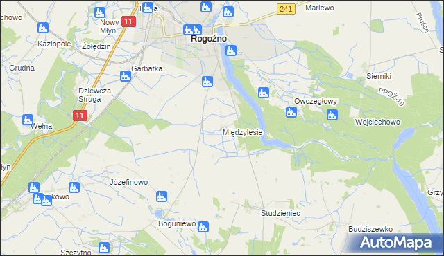 mapa Międzylesie gmina Rogoźno, Międzylesie gmina Rogoźno na mapie Targeo