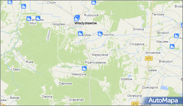 mapa Międzylesie gmina Władysławów, Międzylesie gmina Władysławów na mapie Targeo