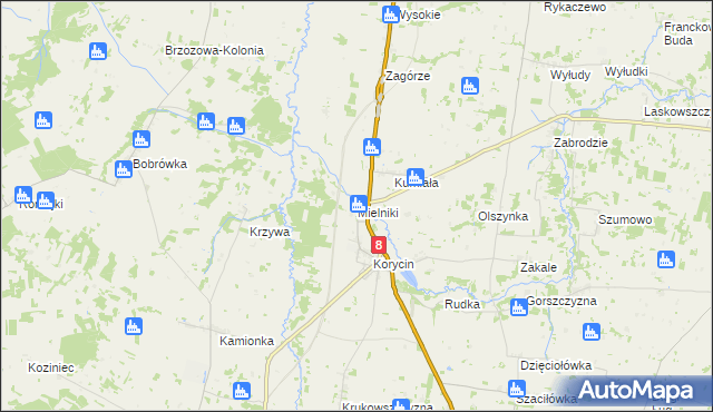 mapa Mielniki gmina Korycin, Mielniki gmina Korycin na mapie Targeo