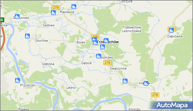 mapa Mieszkowo gmina Trzebiechów, Mieszkowo gmina Trzebiechów na mapie Targeo