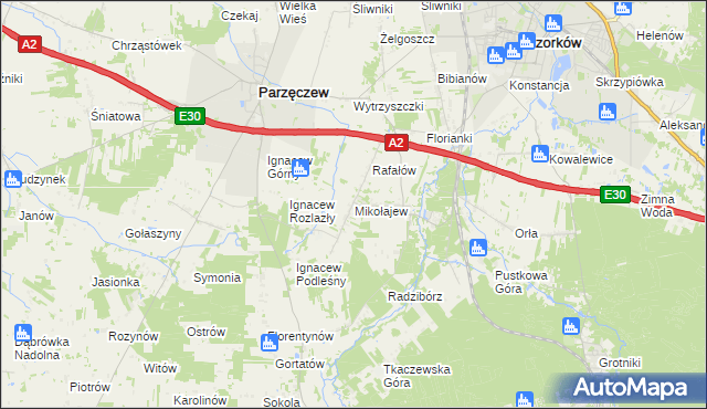 mapa Mikołajew gmina Parzęczew, Mikołajew gmina Parzęczew na mapie Targeo