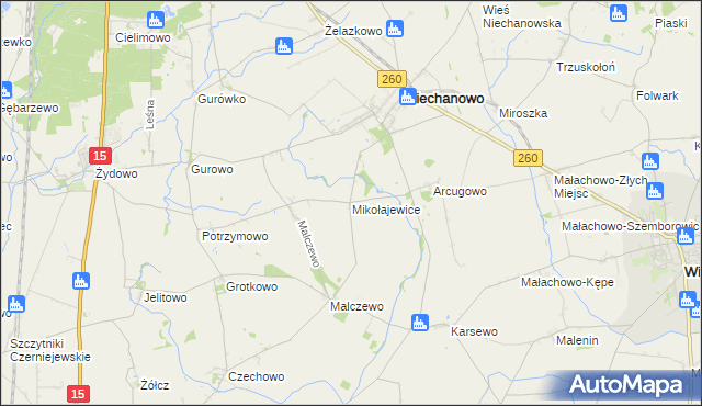 mapa Mikołajewice gmina Niechanowo, Mikołajewice gmina Niechanowo na mapie Targeo