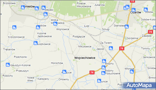 mapa Mikułowice gmina Wojciechowice, Mikułowice gmina Wojciechowice na mapie Targeo