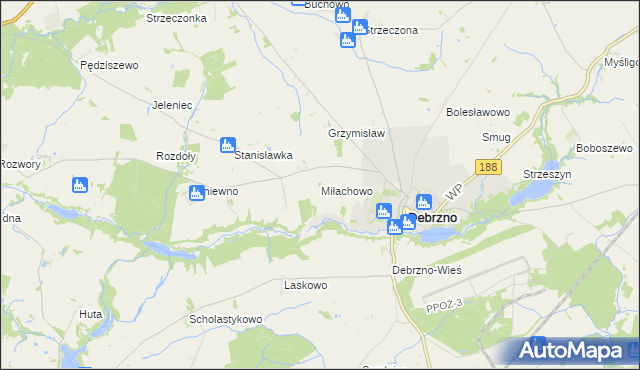 mapa Miłachowo gmina Debrzno, Miłachowo gmina Debrzno na mapie Targeo