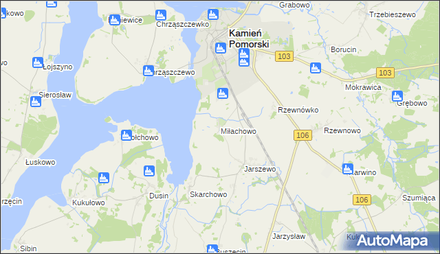 mapa Miłachowo gmina Kamień Pomorski, Miłachowo gmina Kamień Pomorski na mapie Targeo