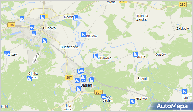 mapa Mirkowice gmina Jasień, Mirkowice gmina Jasień na mapie Targeo