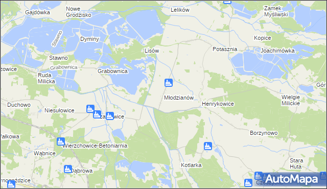 mapa Młodzianów gmina Milicz, Młodzianów gmina Milicz na mapie Targeo