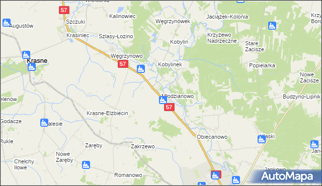 mapa Młodzianowo gmina Płoniawy-Bramura, Młodzianowo gmina Płoniawy-Bramura na mapie Targeo