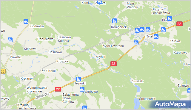 mapa Młynki gmina Czersk, Młynki gmina Czersk na mapie Targeo