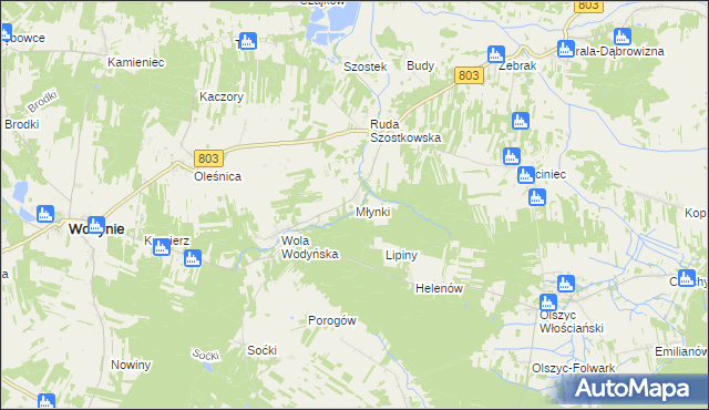 mapa Młynki gmina Wodynie, Młynki gmina Wodynie na mapie Targeo