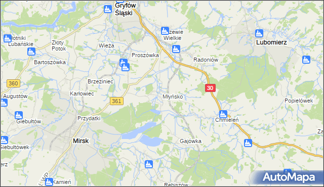 mapa Młyńsko gmina Gryfów Śląski, Młyńsko gmina Gryfów Śląski na mapie Targeo