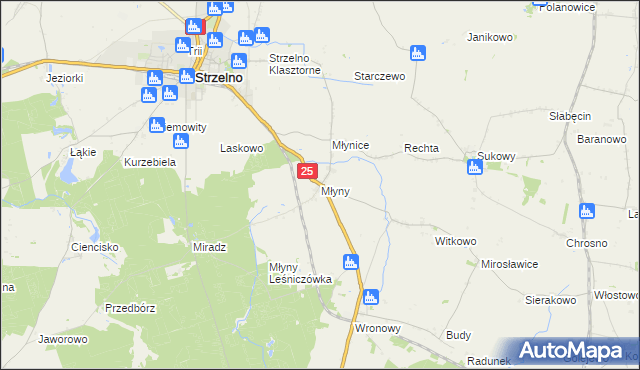 mapa Młyny gmina Strzelno, Młyny gmina Strzelno na mapie Targeo