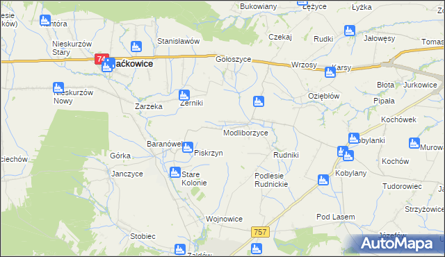 mapa Modliborzyce gmina Baćkowice, Modliborzyce gmina Baćkowice na mapie Targeo