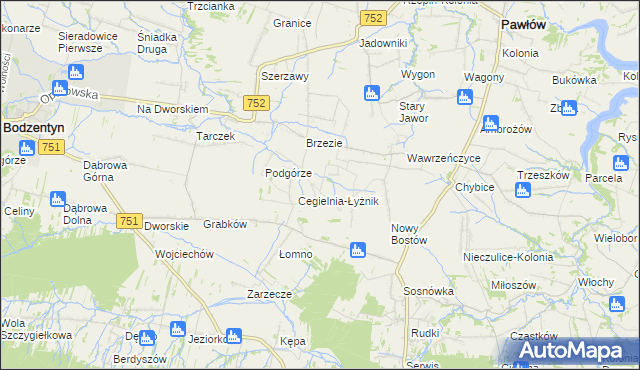 mapa Modrzewie gmina Pawłów, Modrzewie gmina Pawłów na mapie Targeo