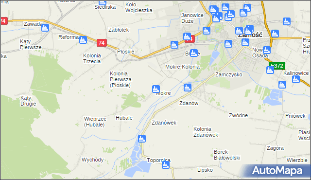 mapa Mokre gmina Zamość, Mokre gmina Zamość na mapie Targeo
