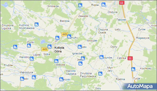 mapa Mostki gmina Kobyla Góra, Mostki gmina Kobyla Góra na mapie Targeo