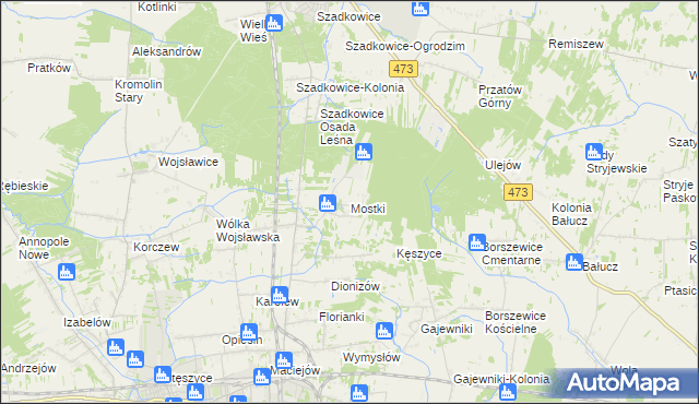 mapa Mostki gmina Zduńska Wola, Mostki gmina Zduńska Wola na mapie Targeo