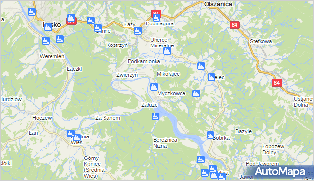 mapa Myczkowce, Myczkowce na mapie Targeo