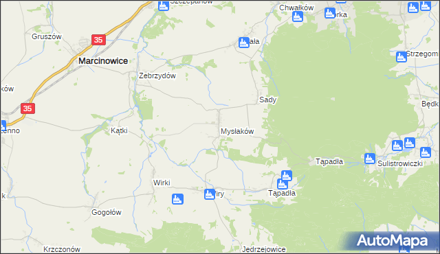 mapa Mysłaków gmina Marcinowice, Mysłaków gmina Marcinowice na mapie Targeo